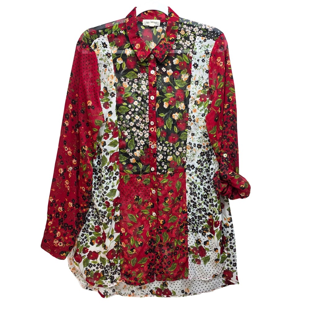 Hope Springs Womens Floral Patchwork Sheer Tunic Top Blouse Red Sz XL Colorful